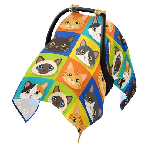 Cute Cats Pattern Baby Car Seat Cover Infant Carseat Canopy | Muslin-like Cotton Blend, Breathable, Multi-use, Newborn Essentials Must Haves, Fits Most Strollers, for Babies Boys Girls in Kuwait