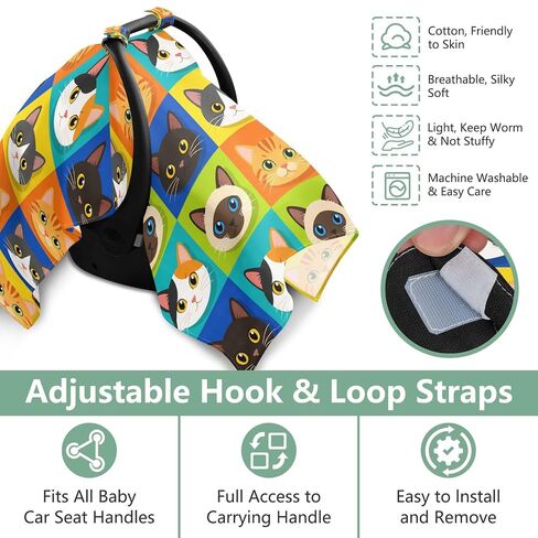 Cute Cats Pattern Baby Car Seat Cover Infant Carseat Canopy | Muslin-like Cotton Blend, Breathable, Multi-use, Newborn Essentials Must Haves, Fits Most Strollers, for Babies Boys Girls in Kuwait
