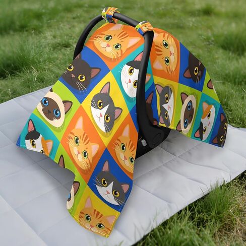 Cute Cats Pattern Baby Car Seat Cover Infant Carseat Canopy | Muslin-like Cotton Blend, Breathable, Multi-use, Newborn Essentials Must Haves, Fits Most Strollers, for Babies Boys Girls in Kuwait