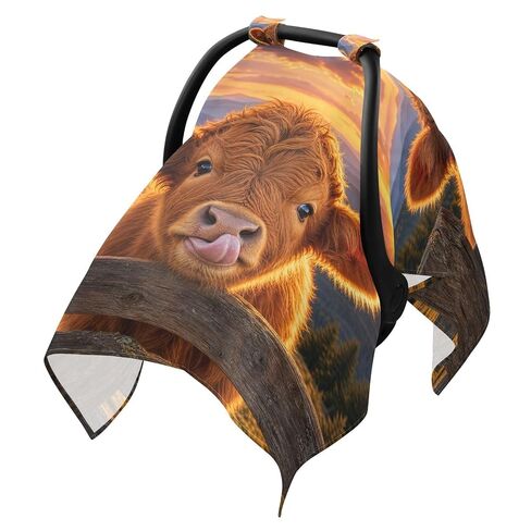 Cow Sunset Pattern Baby Car Seat Cover Stroller Shade | Muslin-like Cotton Blend, Breathable, Multi-use, Newborn Essentials Must Haves, Fits Most Strollers, for Babies Boys Girls in Kuwait