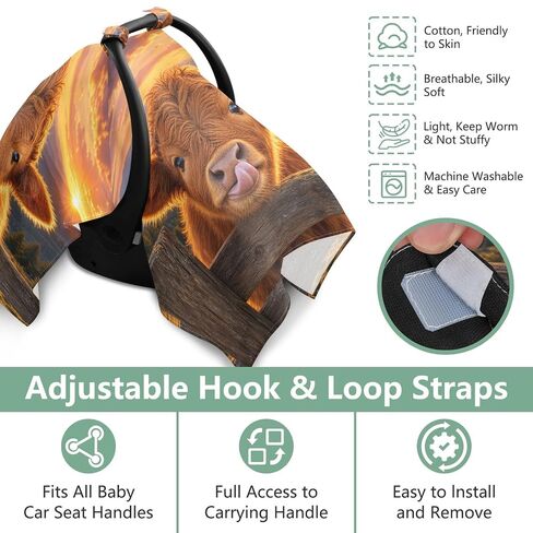 Cow Sunset Pattern Baby Car Seat Cover Stroller Shade | Muslin-like Cotton Blend, Breathable, Multi-use, Newborn Essentials Must Haves, Fits Most Strollers, for Babies Boys Girls in Kuwait