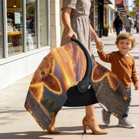 Cow Sunset Pattern Baby Car Seat Cover Stroller Shade | Muslin-like Cotton Blend, Breathable, Multi-use, Newborn Essentials Must Haves, Fits Most Strollers, for Babies Boys Girls in Kuwait