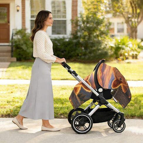Cow Sunset Pattern Baby Car Seat Cover Stroller Shade | Muslin-like Cotton Blend, Breathable, Multi-use, Newborn Essentials Must Haves, Fits Most Strollers, for Babies Boys Girls in Kuwait