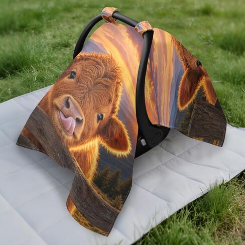 Cow Sunset Pattern Baby Car Seat Cover Stroller Shade | Muslin-like Cotton Blend, Breathable, Multi-use, Newborn Essentials Must Haves, Fits Most Strollers, for Babies Boys Girls in Kuwait