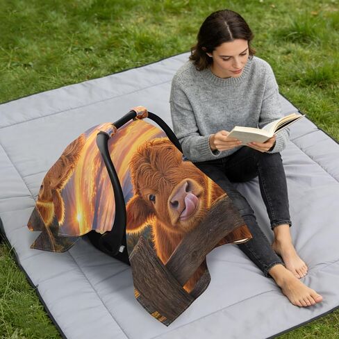 Cow Sunset Pattern Baby Car Seat Cover Stroller Shade | Muslin-like Cotton Blend, Breathable, Multi-use, Newborn Essentials Must Haves, Fits Most Strollers, for Babies Boys Girls in Kuwait