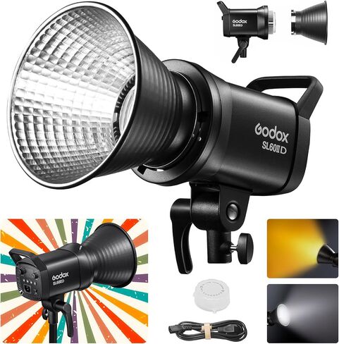 Godox SL60IID Compact LED Video Light with Bowens Mount 70Ws 18600Lux@1M 2.4GHz Wireless/Bluetooth 5600K±200K CRI:96+TLCI:97+ 8FX Effects 0-100% dimming AppControl for Video Recording YouTube Shooting in Kuwait