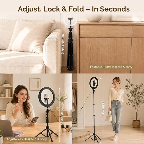 10" Ring Light with Adjustable Tripod, LED Ring Lighting with Phone Holder & Remote, Photography Light Kit for Selfies, Live Streaming, Video Recording, TikTok & YouTube (74.8" Tripod) in Kuwait