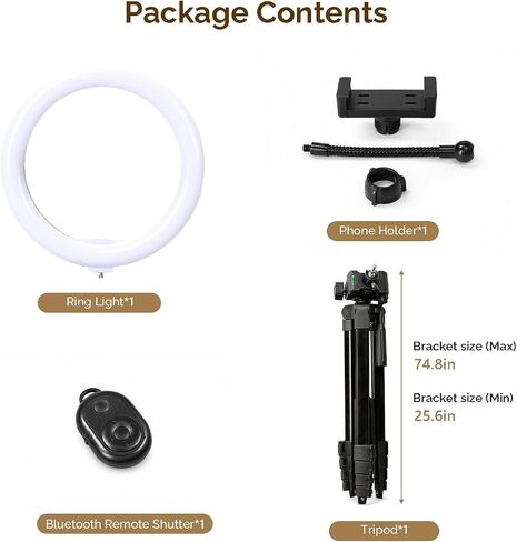 10" Ring Light with Adjustable Tripod, LED Ring Lighting with Phone Holder & Remote, Photography Light Kit for Selfies, Live Streaming, Video Recording, TikTok & YouTube (74.8" Tripod) in Kuwait