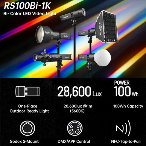 Godox RS100Bi-1K LED Video Light Kit,100W Bi-Color Studio Continuous Flash | Dimmable Photography Lighting with Battery,SP36K Projection,DMX/APP Control for Portrait, Product,Video Recording,Streaming in Kuwait