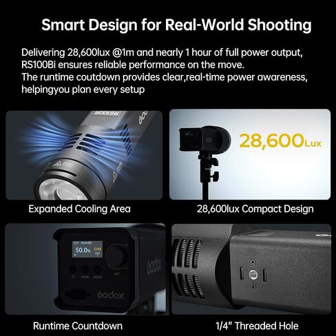 Godox RS100Bi-1K LED Video Light Kit,100W Bi-Color Studio Continuous Flash | Dimmable Photography Lighting with Battery,SP36K Projection,DMX/APP Control for Portrait, Product,Video Recording,Streaming in Kuwait