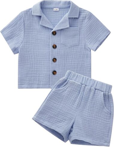 SALNIER Toddler Baby Boy Summer Outfit Set Cuban Shirt Shorts | Soft Cotton Baby Summer Clothes Toddler Boys Outfits Set, With Cuban Collar Shirt Elastic Waist Shorts in Kuwait
