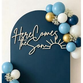 Wooden Here Comes The Son Sign for Backdrop, Boys Sun Themed Baby Shower Decorations, Welcome Son Sign, Newborn Party Balloon Arch Decor in Saudi Arabia