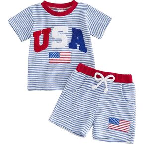 Infant Toddler Baby Boy 4th of July Outfit USA Flag Embroidered Striped Waffle Short Sleeve T Shirt and Shorts Set in Saudi Arabia