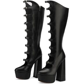 FancyQueen Black Platform Boots Gothic Boots for Women, Knee High Chunky Platform Heels, Black Lolita Buckle Block Heels, Punk Combat Mid Calf Shoes in Saudi Arabia