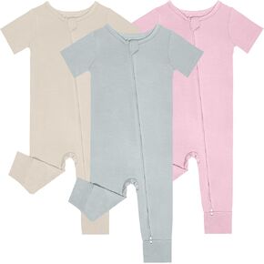short sleeve footless pajamas, 3pack Baby Pajamas Summer 2 Way Zipper Rompers Pink+Coffee+Light Silver Grey 0-3 M in Kuwait