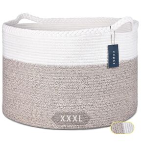 COMSE XXXLarge Woven Blanket & Laundry Basket, 87L, White & Blue | 21.7" x 13.8", Cotton Rope, Nursery Hamper for Storage of Toys Clothes Towels, Ideal for Living Room Bedroom Bathroom in Saudi Arabia