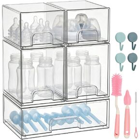POLRAI 5 Pack Baby Bottles Organizer with Brush and Hooks, Stackable Acrylic Storage Boxes for Baby Bottles, Makeup, Small Items, Clear Storage Containers for Kitchen, Bathroom, Bedroom, Cabinet in Kuwait
