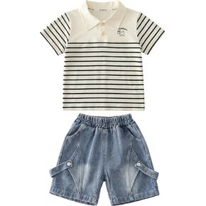 JQT Baby Boys' Striped Polo Shirt and Denim Cargo Shorts Set, Cotton, Nautical Preppy, 2-Piece, Ages 0-5 Years in Saudi Arabia