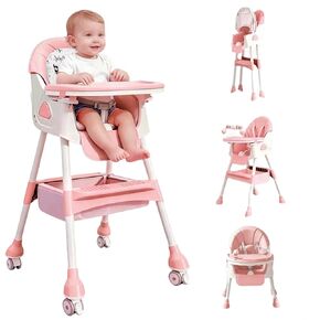 4-in-1 Baby High Chair for Babies & Toddlers, Foldable High Chair with Detachable PU Cushion, Removable Tray, Adjustable Height,Pink in Kuwait