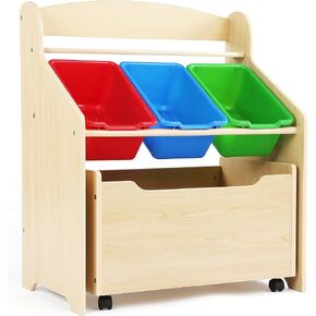 Humble Crew 3 in 1 Kids Bookshelf, Toy Organizer and Rolling Toy Box, Wood | Toddler storage with removable fabric bins and pull out chest on caster wheels, sturdy design for playroom, bedroom, nursery in Saudi Arabia
