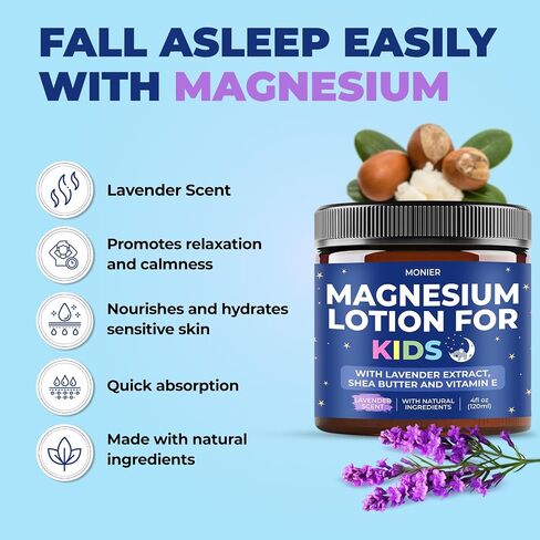 MONIER Magnesium Lotion for Kids - Relaxing Magnesium Cream with Lavender | with Lavender, Shea Butter, Aloe Vera, 100% Natural Ingredients (4 Oz, Unscented) in Kuwait