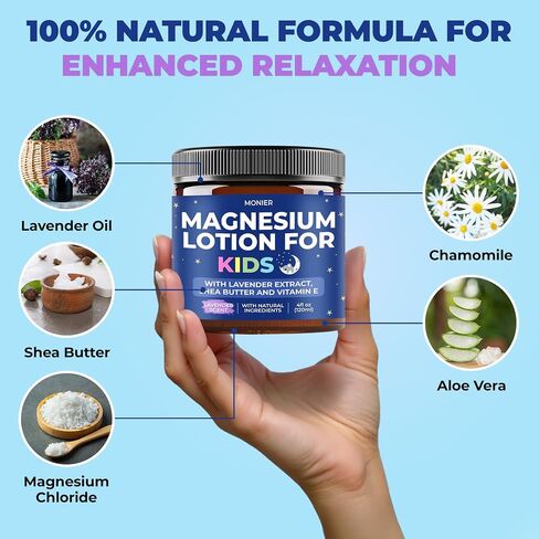 MONIER Magnesium Lotion for Kids - Relaxing Magnesium Cream with Lavender | with Lavender, Shea Butter, Aloe Vera, 100% Natural Ingredients (4 Oz, Unscented) in Kuwait