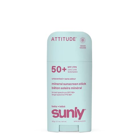 ATTITUDE Baby Mineral Sunscreen Stick SPF 50, Broad Spectrum Zinc Oxide, EWG Verified, Non-Nano, Mess-Free Stick for Face & Body, Lightweight Non-Greasy, Vegan, Unscented, 2 Oz in Kuwait