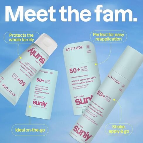 ATTITUDE Baby Mineral Sunscreen Stick SPF 50, Broad Spectrum Zinc Oxide, EWG Verified, Non-Nano, Mess-Free Stick for Face & Body, Lightweight Non-Greasy, Vegan, Unscented, 2 Oz in Kuwait