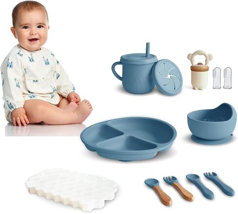 Silicone Baby Feeding Set, 12PCS Baby Plates and Bowls Set - Baby Led Weaning with Waterproof Bib, Divided Plate, Bowl, Spoons, Training Cup, Fruit Feeder & Freezer Tray(Matte Gray) in Kuwait