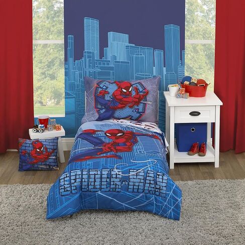 Disney Marvel Spiderman Wall Crawler Red, White, and Blue Spider Webs 4 Piece Toddler Bed Set - Comforter, Fitted Bottom Sheet, Flat Top Sheet, and Reversible Pillowcase in Kuwait