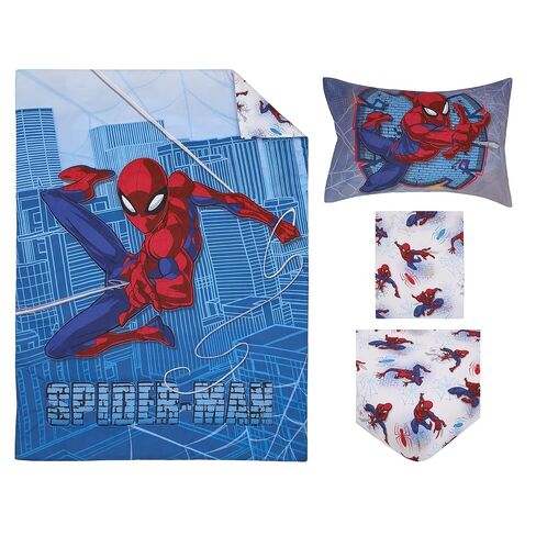 Disney Marvel Spiderman Wall Crawler Red, White, and Blue Spider Webs 4 Piece Toddler Bed Set - Comforter, Fitted Bottom Sheet, Flat Top Sheet, and Reversible Pillowcase in Kuwait