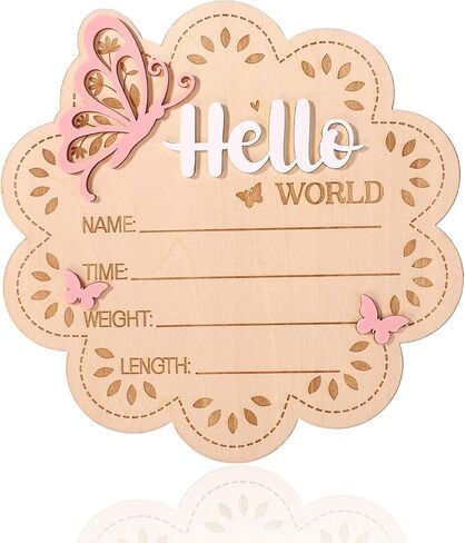 Wooden New Baby Birth Announcement Plaque, Flower Shape Hello World Sign Newborn Arrival Board Welcome Plaque with Stand Pink Butterfly Photo Prop for Hospital Nursery Decor Baby Shower Photography in Kuwait