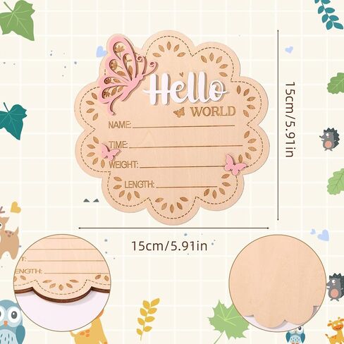 Wooden New Baby Birth Announcement Plaque, Flower Shape Hello World Sign Newborn Arrival Board Welcome Plaque with Stand Pink Butterfly Photo Prop for Hospital Nursery Decor Baby Shower Photography in Kuwait