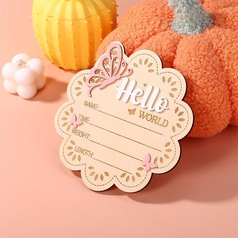 Wooden New Baby Birth Announcement Plaque, Flower Shape Hello World Sign Newborn Arrival Board Welcome Plaque with Stand Pink Butterfly Photo Prop for Hospital Nursery Decor Baby Shower Photography in Kuwait