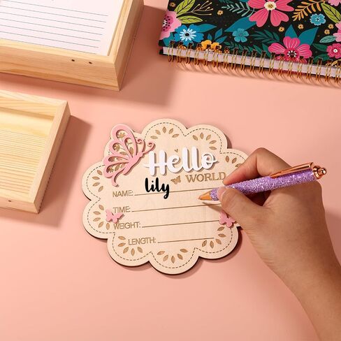 Wooden New Baby Birth Announcement Plaque, Flower Shape Hello World Sign Newborn Arrival Board Welcome Plaque with Stand Pink Butterfly Photo Prop for Hospital Nursery Decor Baby Shower Photography in Kuwait