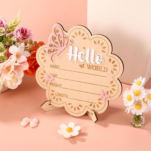 Wooden New Baby Birth Announcement Plaque, Flower Shape Hello World Sign Newborn Arrival Board Welcome Plaque with Stand Pink Butterfly Photo Prop for Hospital Nursery Decor Baby Shower Photography in Kuwait