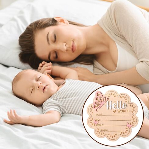 Wooden New Baby Birth Announcement Plaque, Flower Shape Hello World Sign Newborn Arrival Board Welcome Plaque with Stand Pink Butterfly Photo Prop for Hospital Nursery Decor Baby Shower Photography in Kuwait