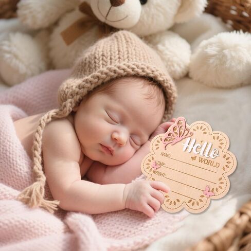 Wooden New Baby Birth Announcement Plaque, Flower Shape Hello World Sign Newborn Arrival Board Welcome Plaque with Stand Pink Butterfly Photo Prop for Hospital Nursery Decor Baby Shower Photography in Kuwait