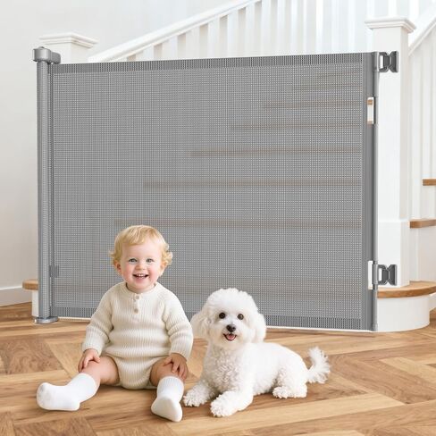 EZIGO 120 Inch Retractable Baby Gates Extra Wide Reinforced Baby Dog Gate | 34 Inch Tall Retractable Dog Gate with Reinforced Strip Mesh Safety Pet Gate for Stairs Hallway Doorway Indoor Outdoor, Gray in Kuwait