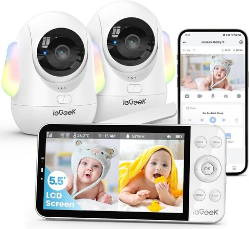 ieGeek 5.5’’ Split-Screen Baby Monitor,2.5K UHD Baby Monitor with 2 Cameras and Audio,Night Light,Prone Sleeping&Cry Detection,Two-Way Talk,Night Vision,2.4G&5Ghz WiFi App Control,4000mAh Battery in Kuwait