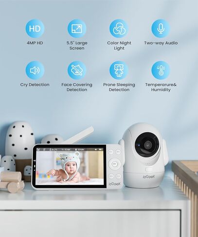 ieGeek 5.5’’ Split-Screen Baby Monitor,2.5K UHD Baby Monitor with 2 Cameras and Audio,Night Light,Prone Sleeping&Cry Detection,Two-Way Talk,Night Vision,2.4G&5Ghz WiFi App Control,4000mAh Battery in Kuwait