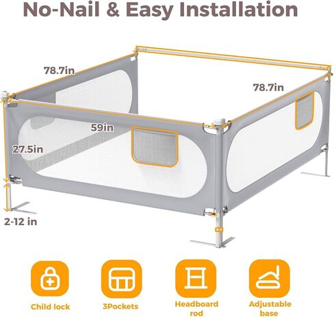 3-Sides Queen Size Bed Rails for Toddlers, Baby Bed Rail Guard for Kids | Headboard Rod, No-Drill, Height Adjustable, No-gap Safety, Single Side Lift, Children Lock, Storage Pockets, Breathable Mesh in Kuwait