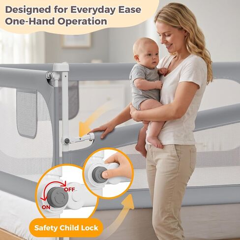 3-Sides Queen Size Bed Rails for Toddlers, Baby Bed Rail Guard for Kids | Headboard Rod, No-Drill, Height Adjustable, No-gap Safety, Single Side Lift, Children Lock, Storage Pockets, Breathable Mesh in Kuwait
