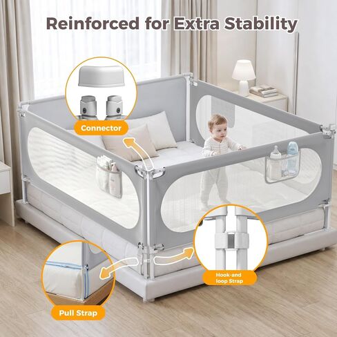 3-Sides Queen Size Bed Rails for Toddlers, Baby Bed Rail Guard for Kids | Headboard Rod, No-Drill, Height Adjustable, No-gap Safety, Single Side Lift, Children Lock, Storage Pockets, Breathable Mesh in Kuwait