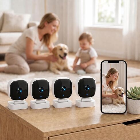 4Pack Wireless 1080P HD Indoor Security Camera with Infrared Night Vision No Drilling Required Secured with 3M Adhesive Monitoring Mobile App Remote Viewing Cloud and TF Card Storage White in Kuwait