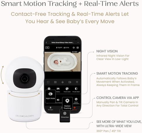 Delta Children Smart Sleep Baby Monitor with Floor Stand, Auto Motion Tracking/Alerting, 360° Pan/45° Tilt, Night Vision, Two-Way Talk, Temp & Humidity Alerts, Alexa/Google Compatible, 2.5K/1440p QHD in Kuwait