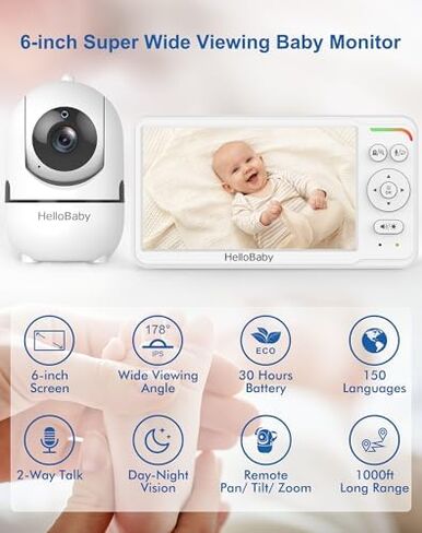 HelloBaby Baby Monitor with Floor Stand, World First 6'' IPS Screen Baby Camera Monitor, No WiFi and 30-Hour Battery Life, 178° Wide Viewing Angle, Baby Monitor with Camera and Audio in Kuwait