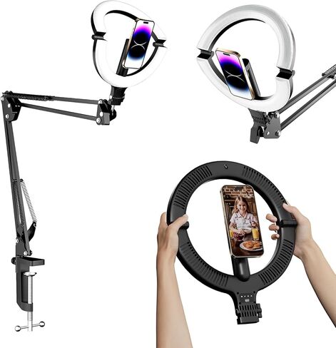 10" Magnetic Ring Light Overhead Camera Phone Mount, XINBAOHONG LED Selfie Light with Stand and Phone Holder, Rechargeable Desk Light for Video Recording（Standing） in Kuwait