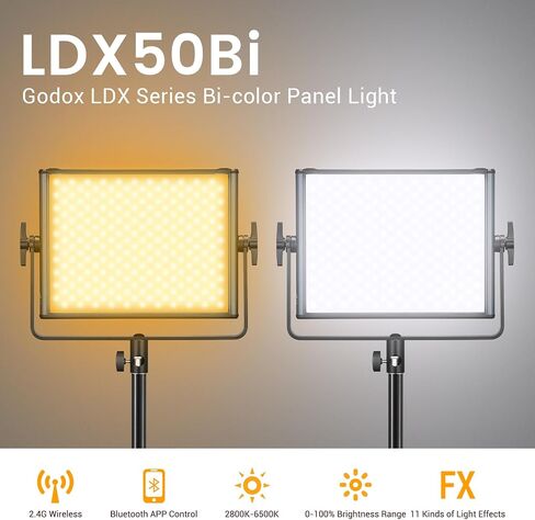 Godox LDX50Bi 14'' Bicolor LED Video Light, 65W 2800K-6500K LED Panel Light with 600 LED Beads 11 FX Effects CRI/TLCI 96+ 9200Lux Dimmable 0-100% Studio Soft Lights for Photography in Kuwait
