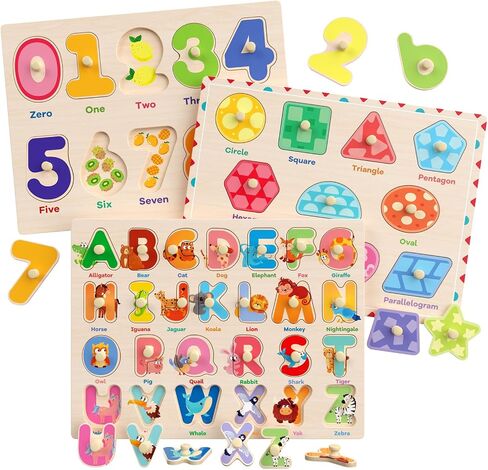Zeoddler Wooden Montessori Puzzles for Toddlers, 3 Pack ABC, Number and Shape Puzzle for Kids, Preschool Learning Activities, Gift for Girls Boys in Kuwait